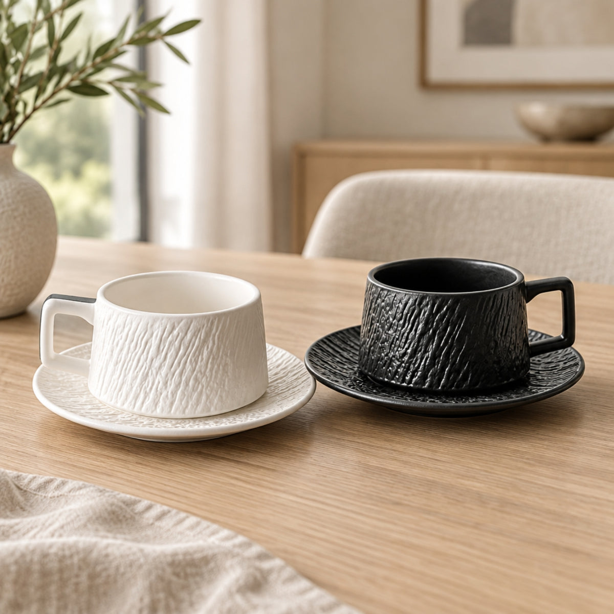 Two textured ceramic cups with matching saucers, one white and one black, displayed on a light wood table in a softly lit dining setting.