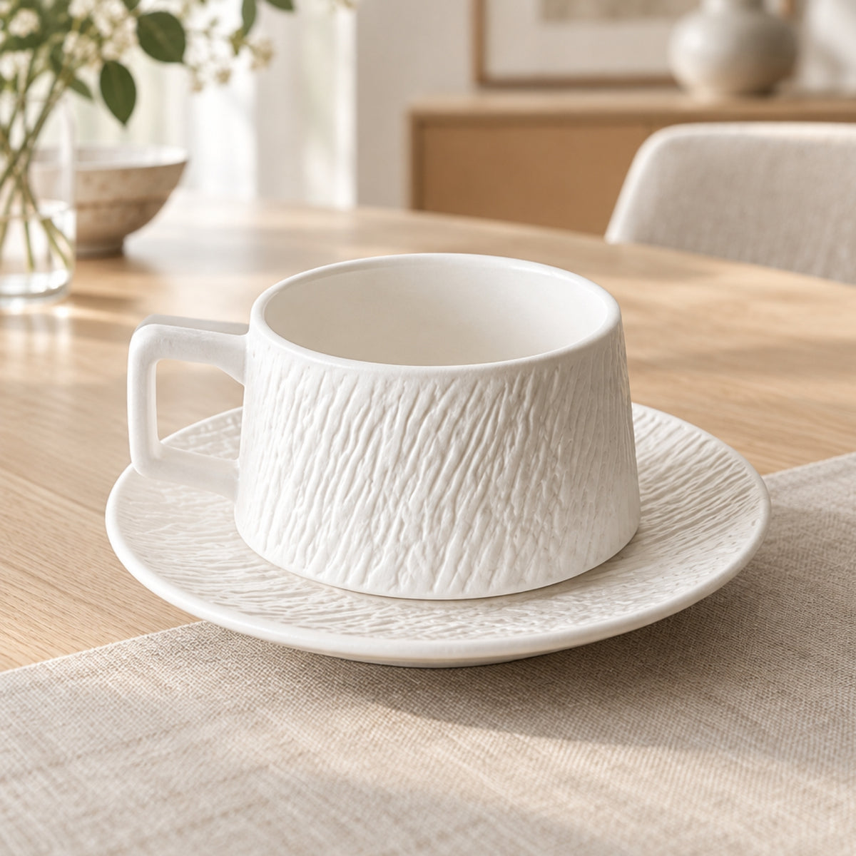 A white ceramic teacup with a textured, crackled surface sits on a matching saucer on a light wood table. The background shows a softly blurred dining room setting with a chair and a vase of flowers.
