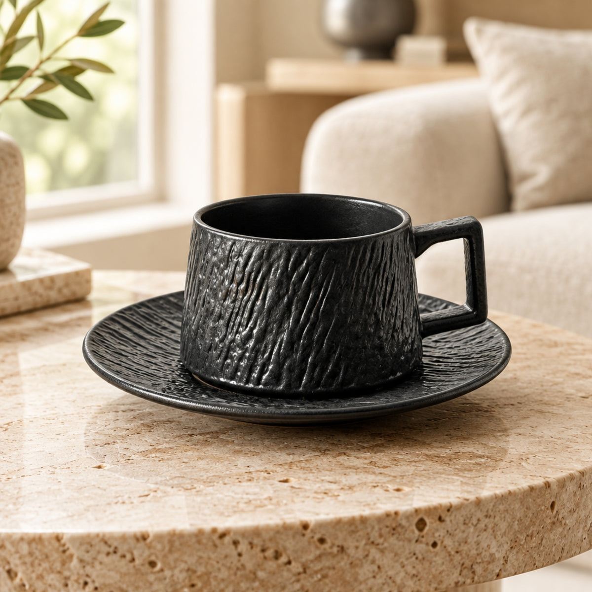 A black textured ceramic cup with a matching saucer, placed on a round beige stone table in a softly blurred living room setting.