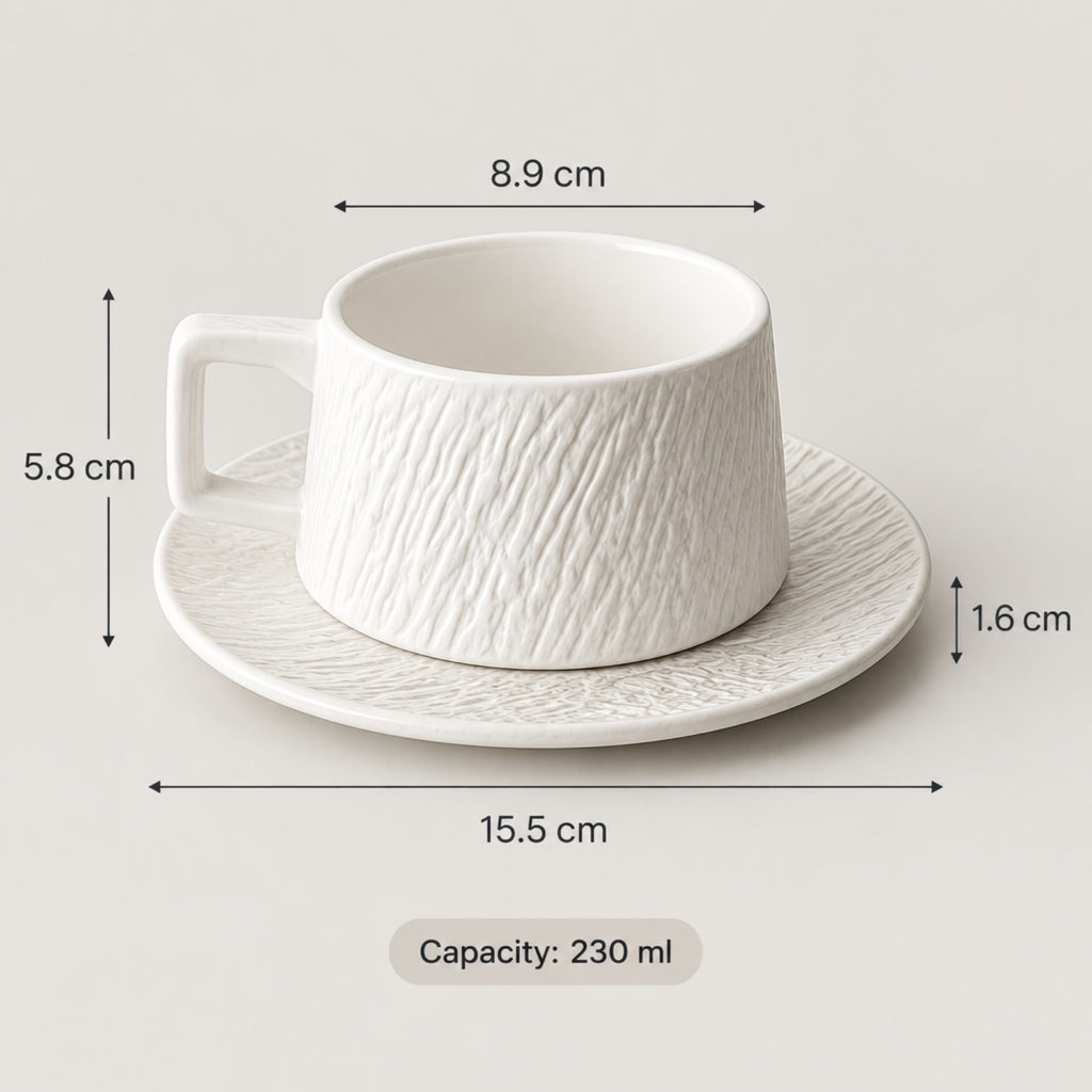 White textured ceramic cup and saucer set with dimension annotations showing height, width, and capacity on a light beige background.