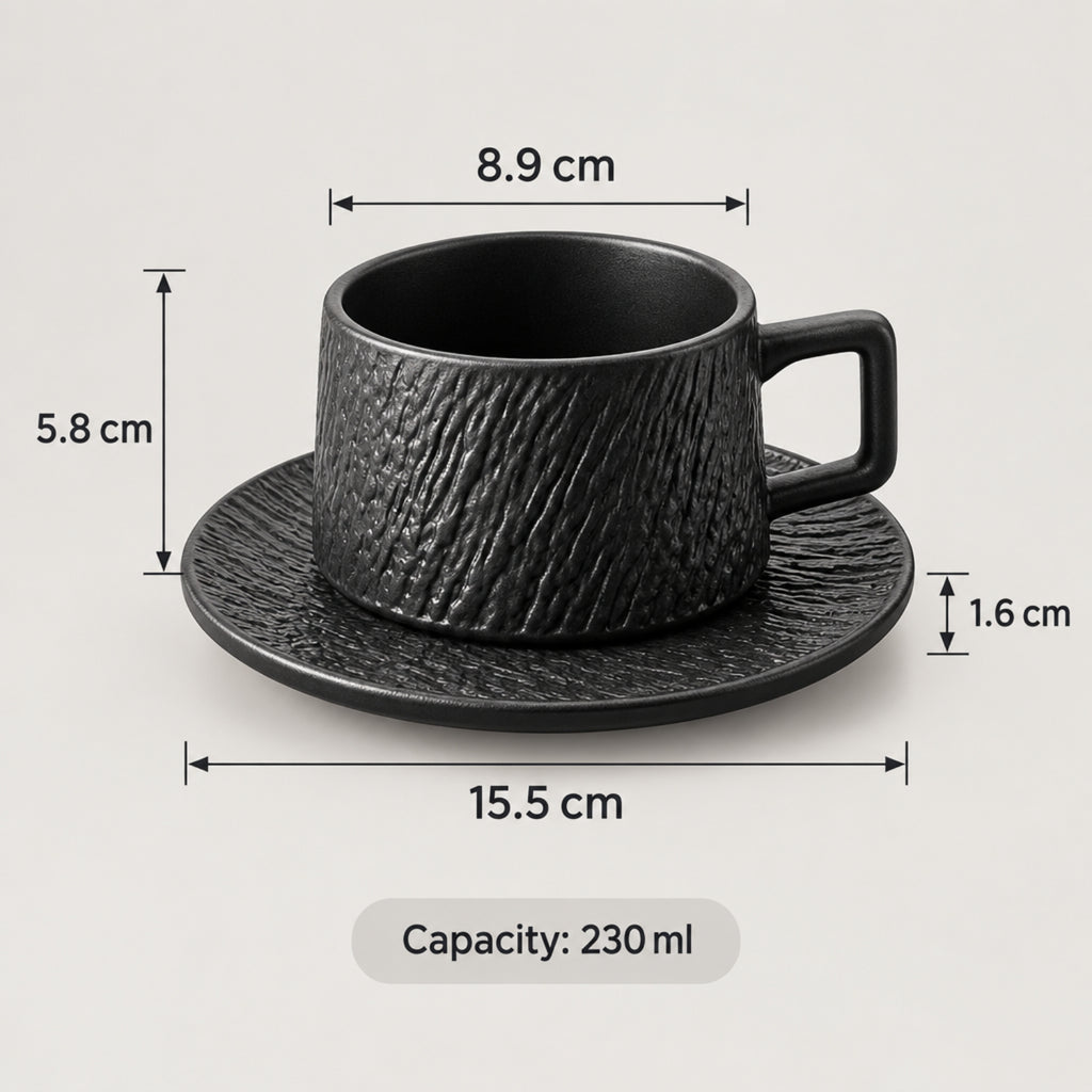 Black textured ceramic cup and saucer set with dimension labels showing 8.9 cm width, 5.