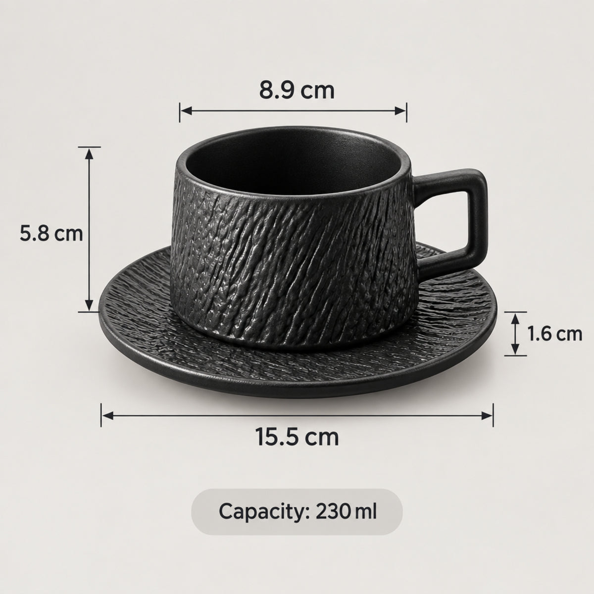 Black textured ceramic cup and saucer set with dimension labels showing 8.9 cm width, 5.
