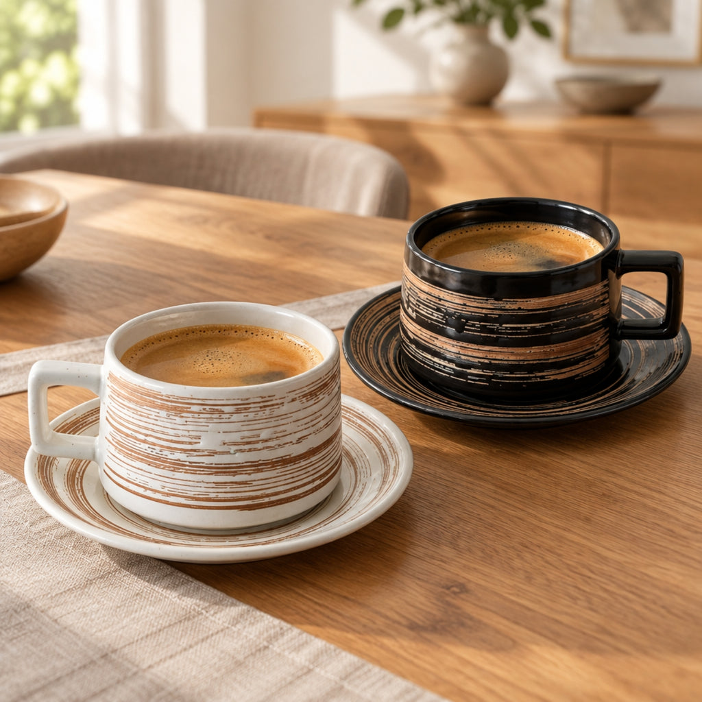 Two ceramic coffee mugs with matching saucers on a wooden dining table. The mug in the foreground is white with rustic brown horizontal stripes and contains espresso.