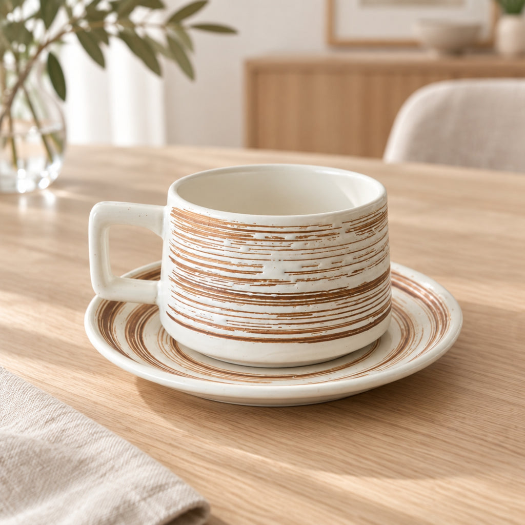 A white ceramic cup with a matching saucer, both decorated with a rustic brown distressed horizontal stripe pattern, set on a light wooden table in a cozy, softly blurred interior setting.