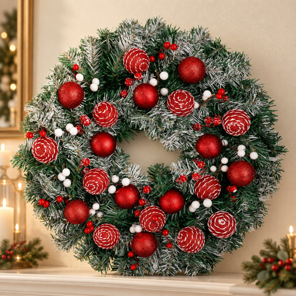 A festive Christmas wreath with green artificial pine branches, white frosted tips, red ornaments, striped pinecones, and small white berries, displayed on a mantel against a warm beige wall with candlelight in the background.