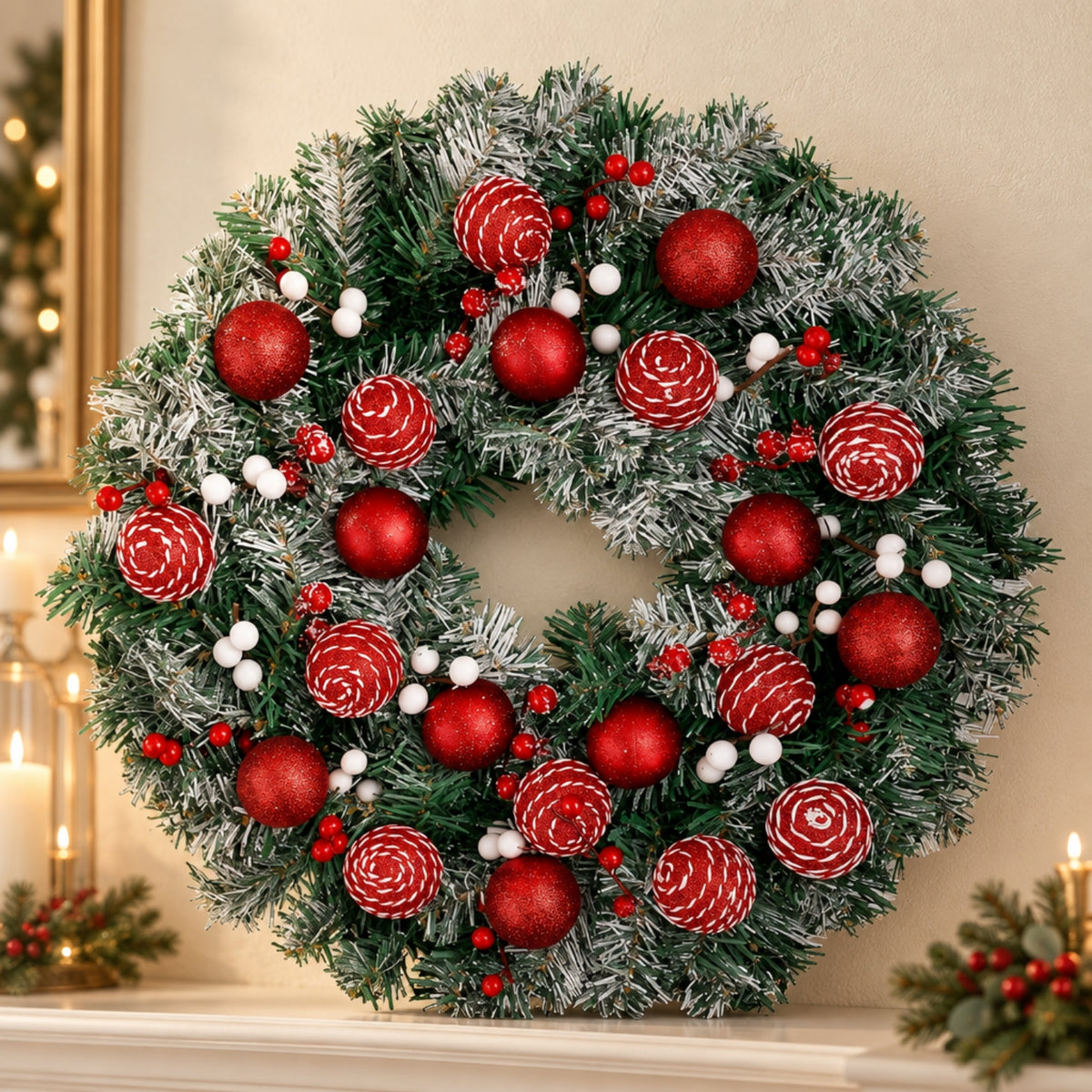 A festive Christmas wreath with green artificial pine branches, white frosted tips, red ornaments, striped pinecones, and small white berries, displayed on a mantel against a warm beige wall with candlelight in the background.