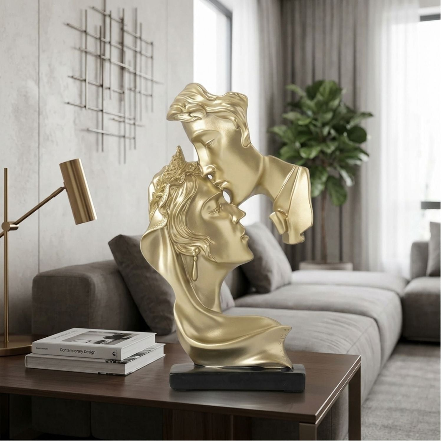 Kissing Couple Forehead Sculpture Golden Romantic Figurine