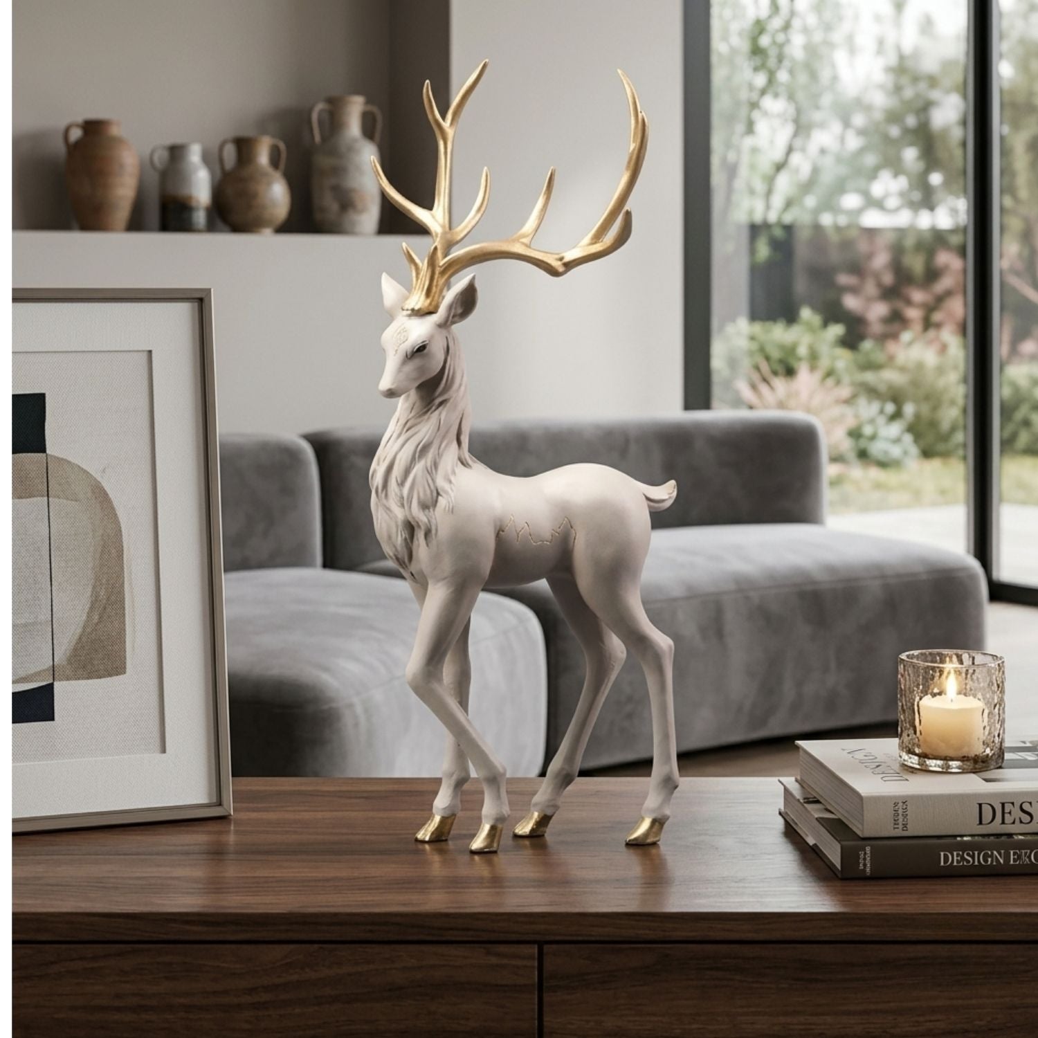 A white deer figurine with large gold antlers stands on a wooden table in a modern living room setting, with a gray sofa, framed art, books, and a candle in the background.