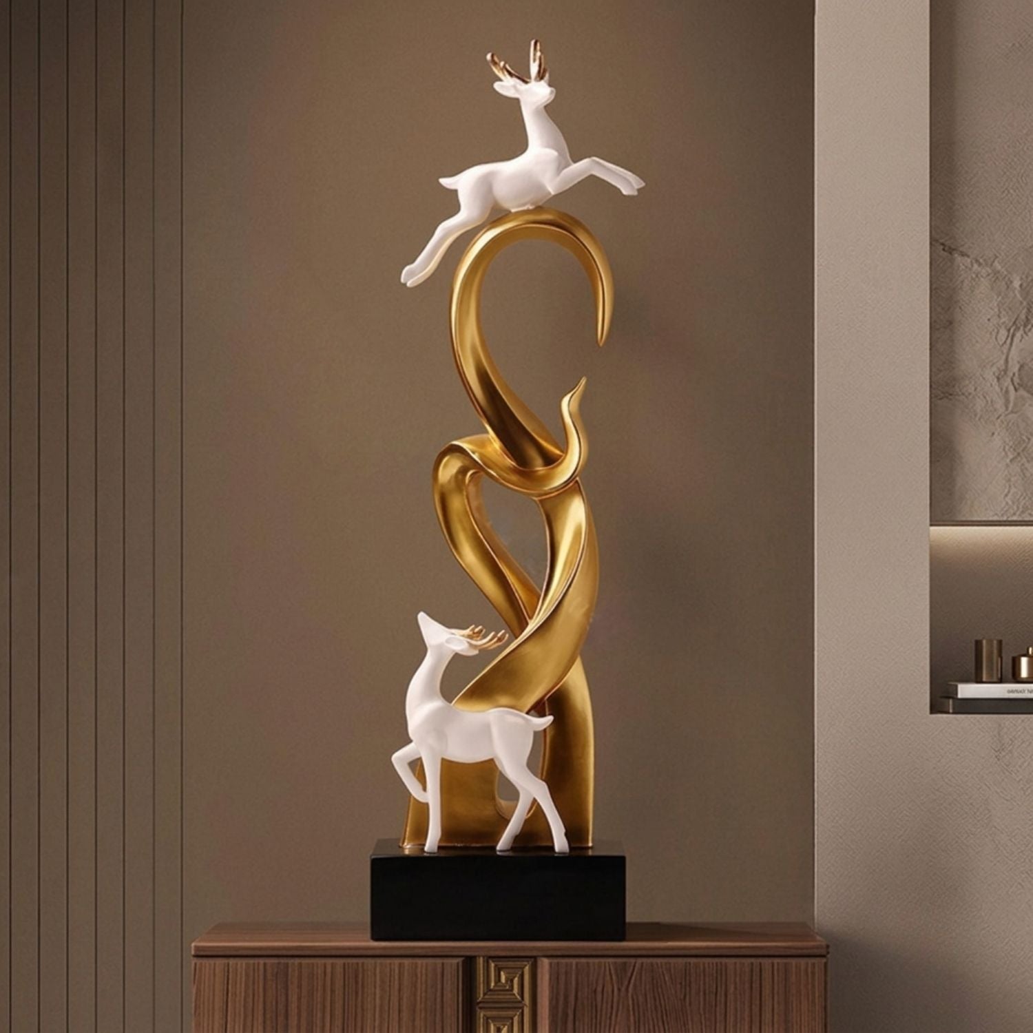 Large Golden Deer Tower Sculpture Two Deer Figurine