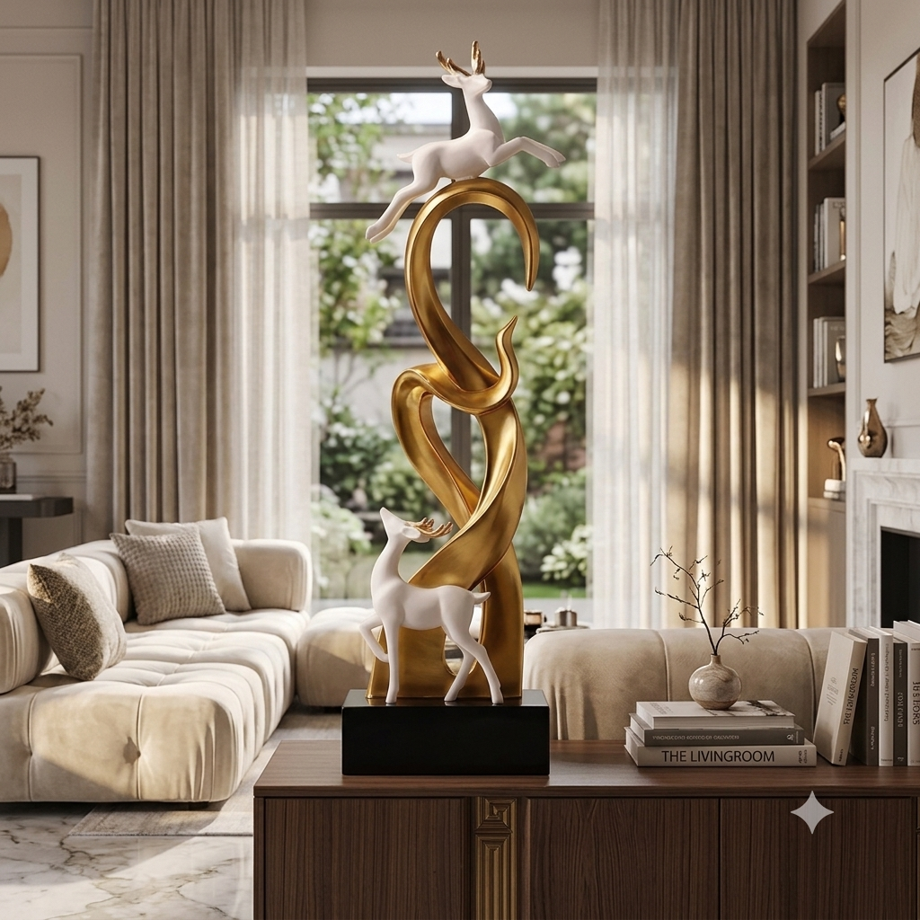 Gold Deer Tower Sculpture styled on sideboard in luxury living room