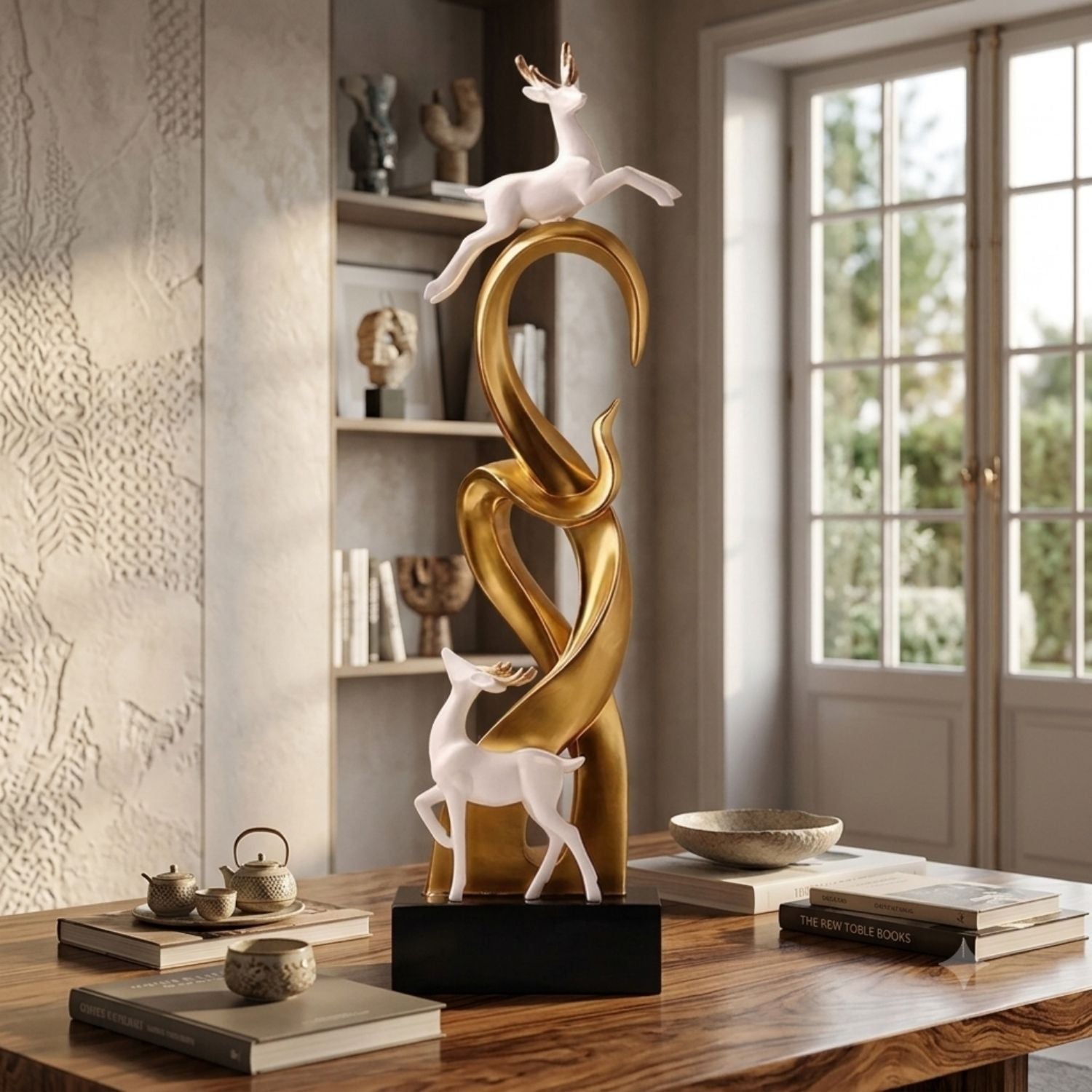 A decorative sculptural table piece featuring two white deer flanking a tall, curved gold column on a black rectangular base, displayed on a wooden table in a styled interior room.