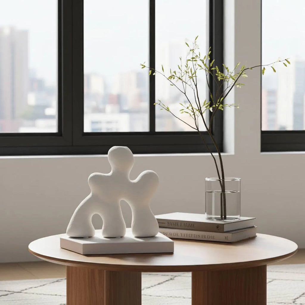 White abstract textured sculpture styled on round wooden coffee table with glass vase and branches in modern apartment