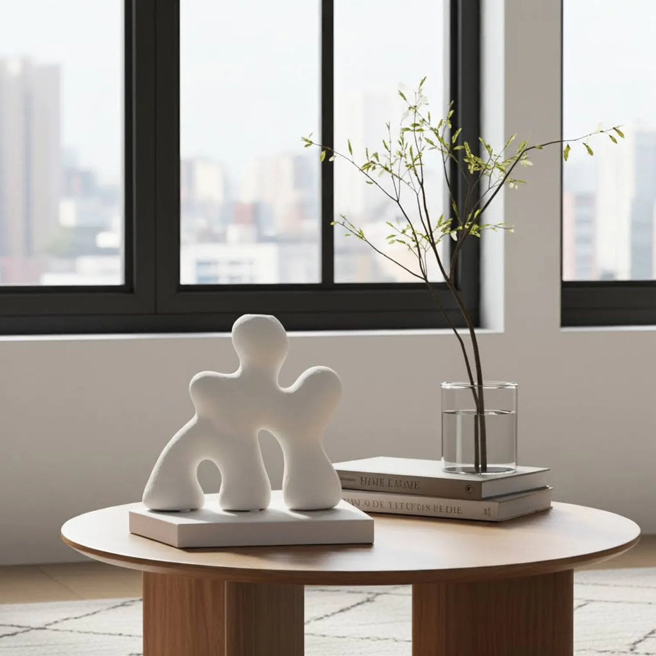 White abstract textured sculpture styled on round wooden coffee table with glass vase and branches in modern apartment