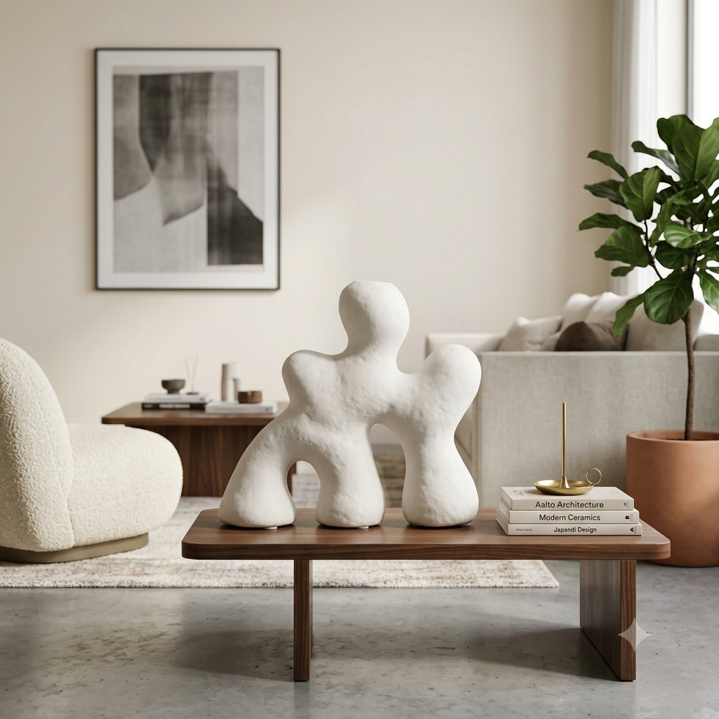 Three abstract white stone figurines displayed on a wooden coffee table in a modern, neutral-toned living room.