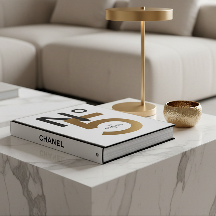 Chanel No 5 coffee table book styled on marble side table in modern luxury living room with neutral tones and gold accents