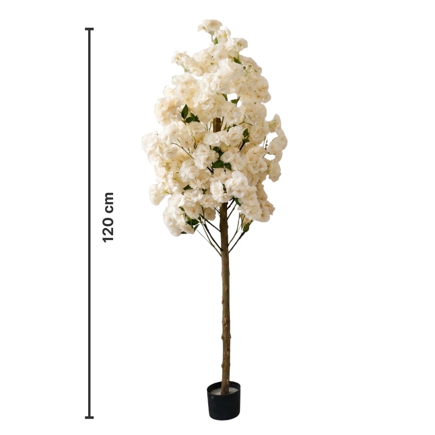 An artificial cherry blossom tree with dense cream-white flowers on a brown trunk, potted in a black container, shown with a vertical 120 cm height marker on a plain white background.