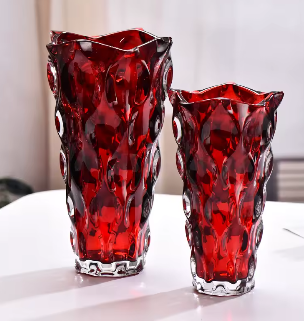 Ruby Red Embossed Glass Vase Set
