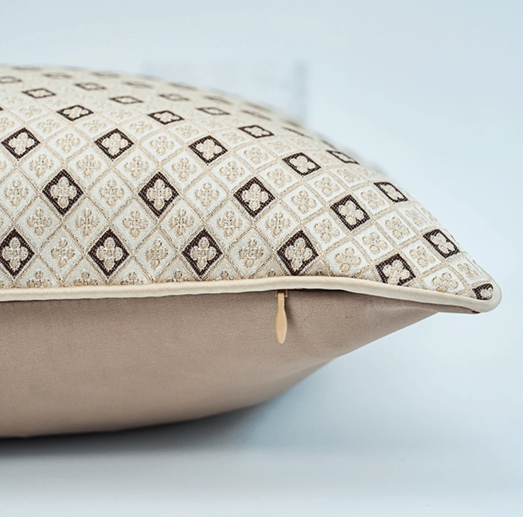 Dimensions of beige jacquard cushion, 60 by 60 cm