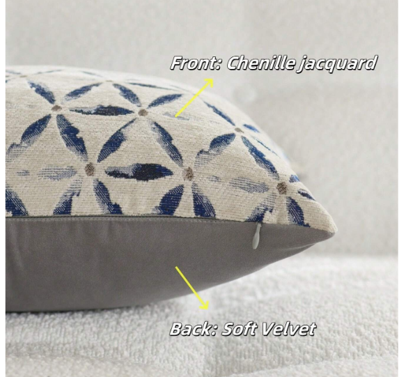Close-up of the cushion showing a chenille jacquard front and soft velvet back