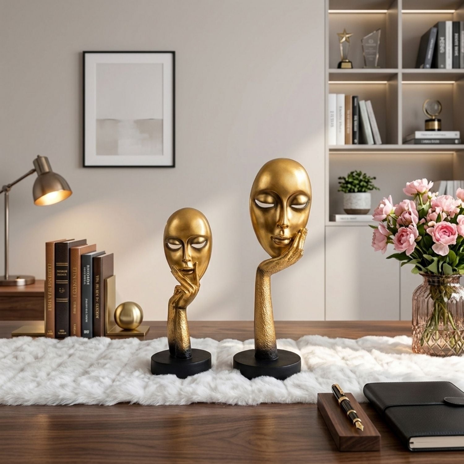 Set of 2 Abstract Face Sculpture Golden Thinking Man & Woman Figurines
