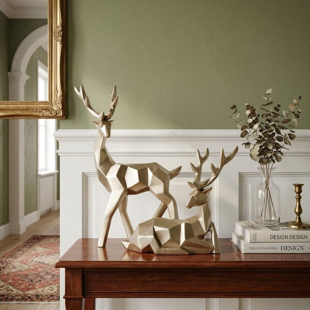 Set of 2 Geometric Deer Sculpture Gold Low-Poly Stag & Fawn