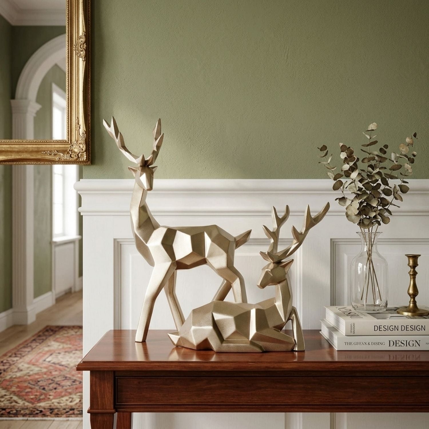 Set of 2 Geometric Deer Sculpture Gold Low-Poly Stag & Fawn