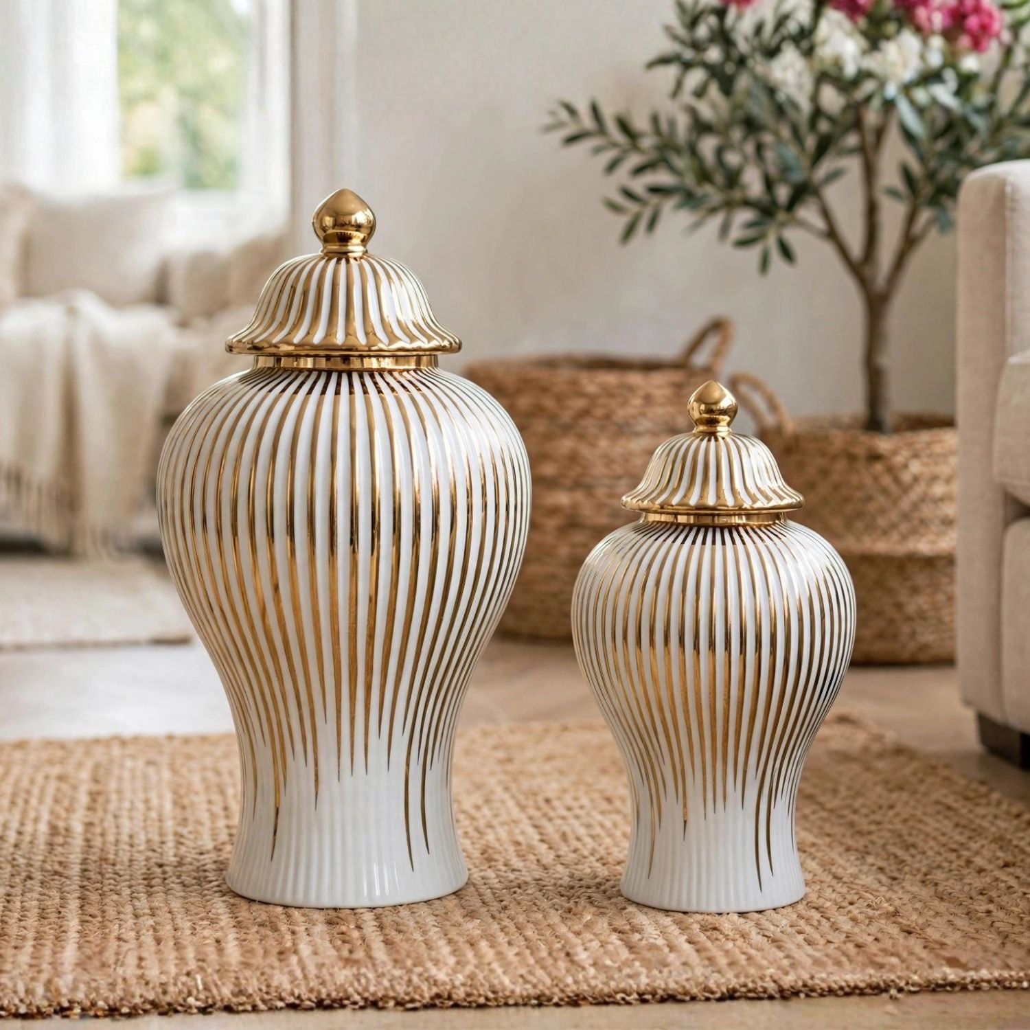 Two ribbed ceramic lidded vases in white and gold, displayed on a woven rug in a softly styled living room setting.