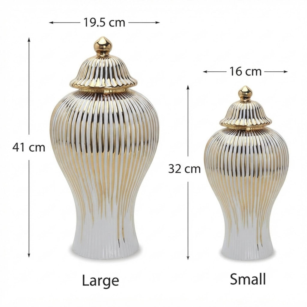 Two ribbed decorative vases with lids shown on a white background, labeled Large and Small with dimension arrows and measurements: 41 cm tall, 19.5 cm wide at the top of the large one; 32 cm tall, 16 cm wide at the top of the small one.