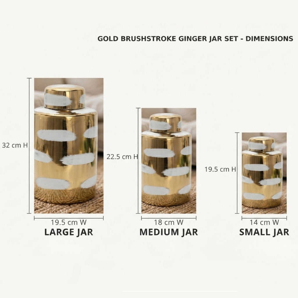 A dimension diagram for a gold brushstroke ginger jar set, showing three sizes: large 32 cm high, medium 22.5 cm high, and small 19.