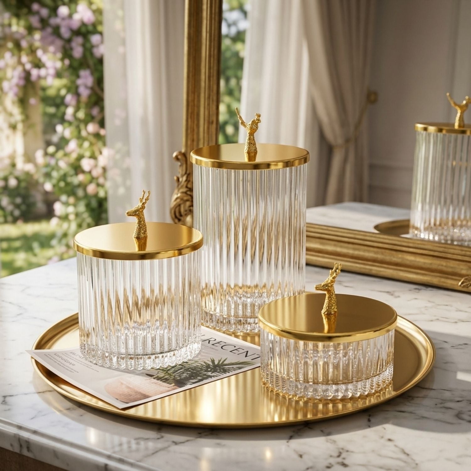 Three ribbed clear glass storage jars with shiny gold lids and small gold animal toppers, arranged on a round gold tray on a marble surface in a bright interior setting.