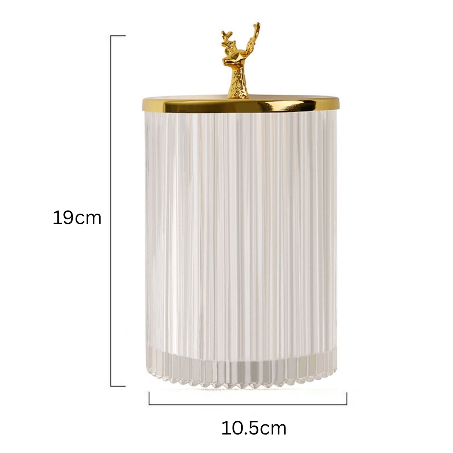 A cylindrical white ribbed glass container with a shiny gold metal rim and a small gold figurine on top, shown with dimension lines indicating a height of 19cm and a base diameter of 10.5cm.