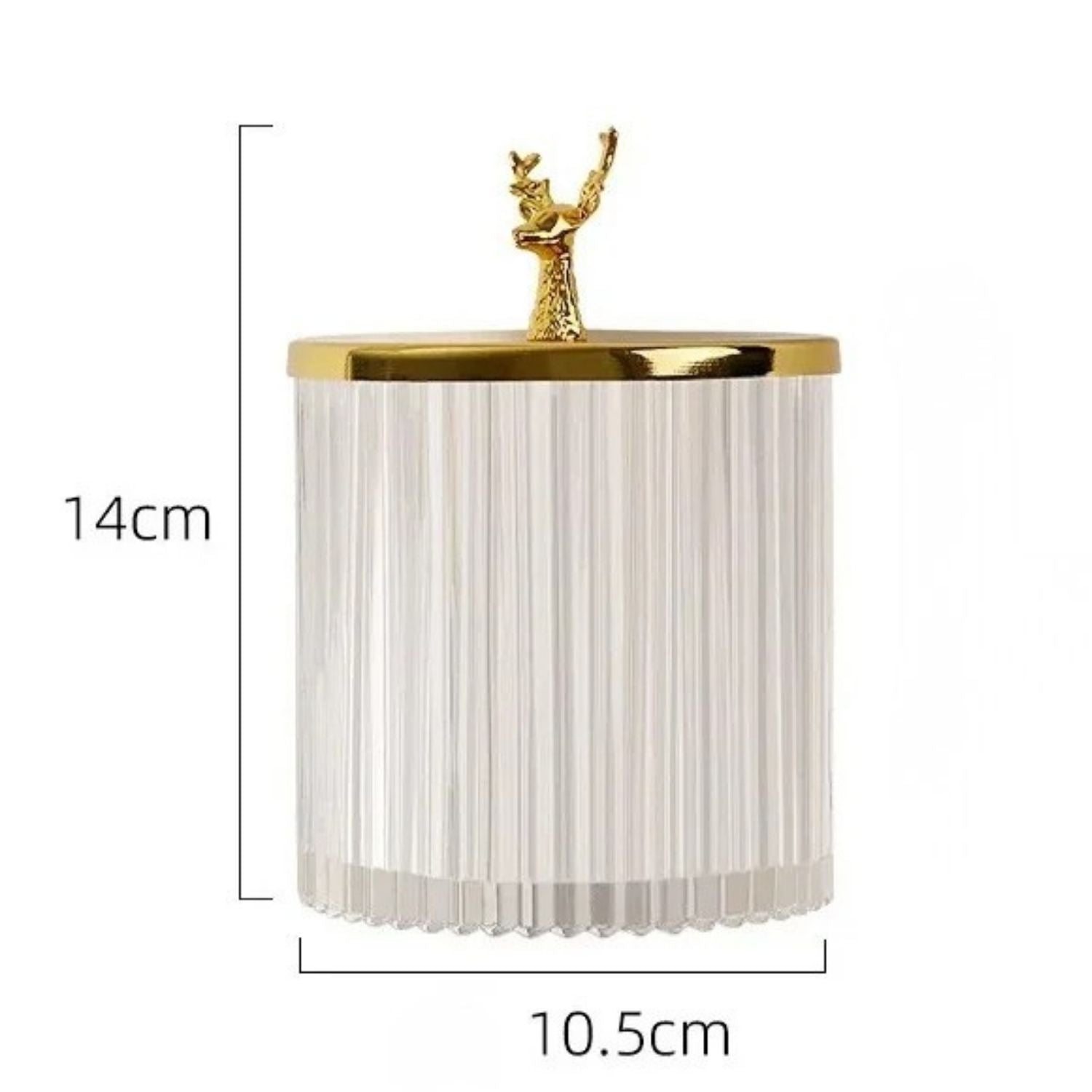 A cylindrical decorative container or candle holder with a gold-toned top and small figurine accent, shown with dimension labels indicating 14 cm height and 10.5 cm width on a white background.