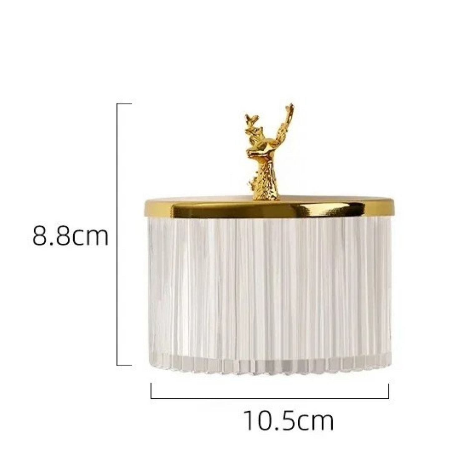 A cylindrical clear ribbed container or candle holder with a shiny gold lid and a small gold figurine on top, shown with dimension lines indicating 8.8 cm height and 10.