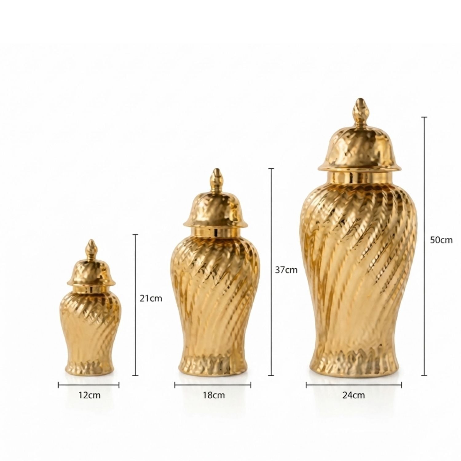 Three gold-colored ribbed ceramic urns of different sizes shown with height and width dimension labels on a white background.