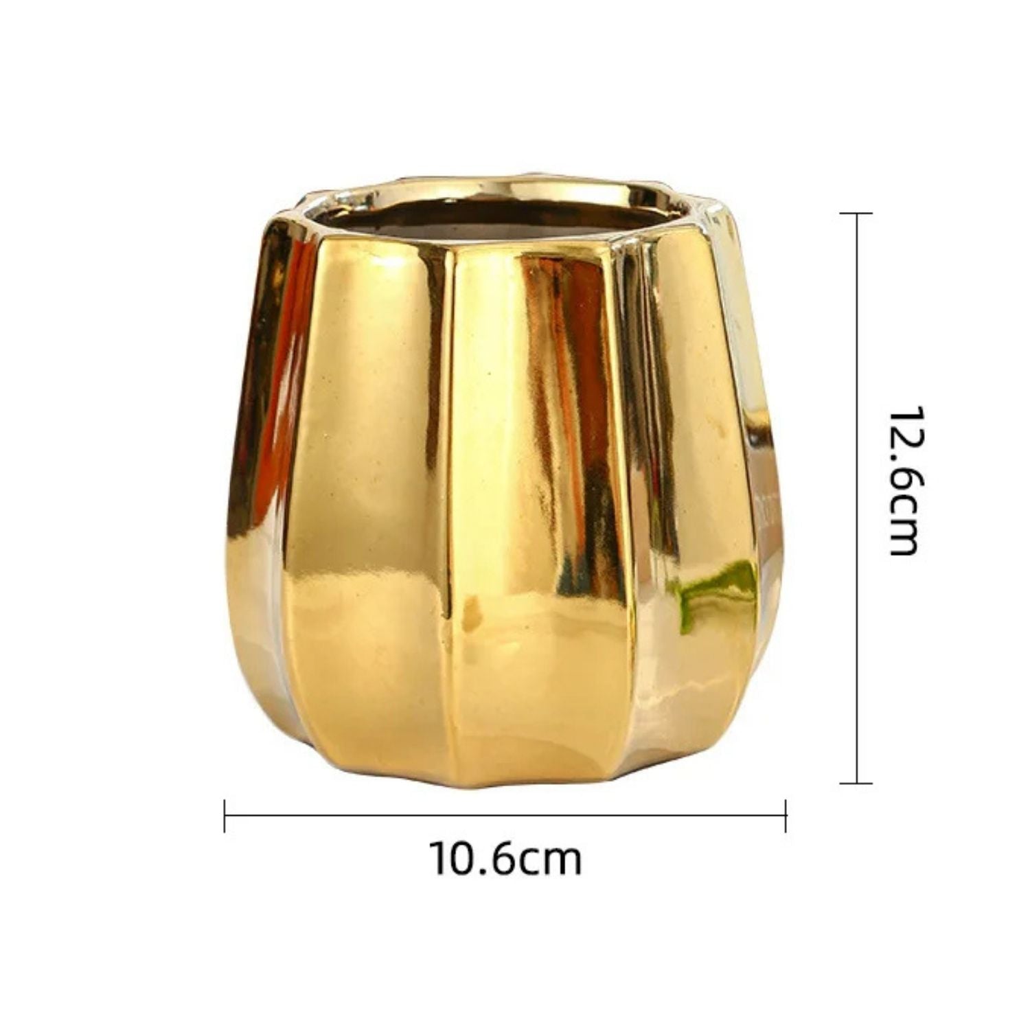A shiny gold metallic planter pot with a fluted, ribbed design, shown with dimension lines indicating a height of 12.6cm and a width of 10.