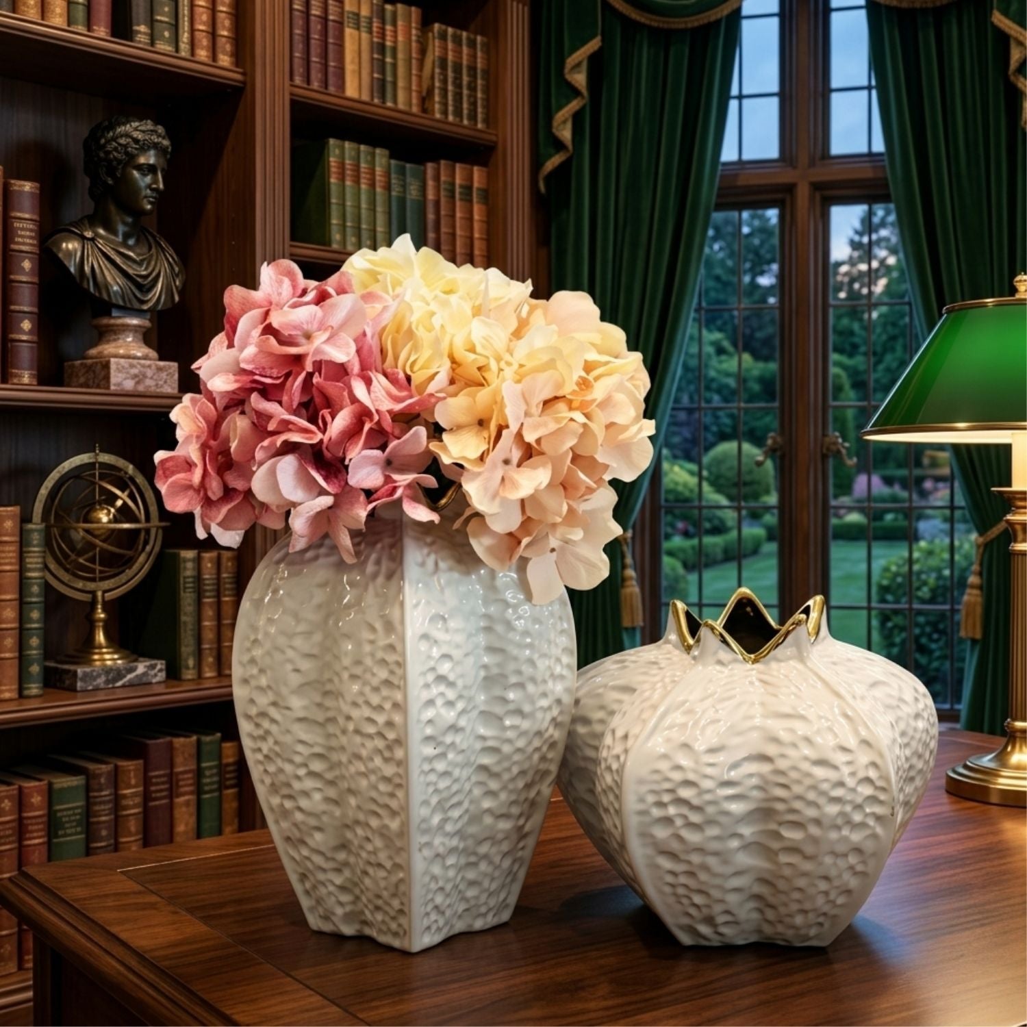 Two decorative textured ceramic vases on a wooden table in a study setting. One vase contains pink and cream hydrangea flowers, and the other is empty with gold detailing on its rim.