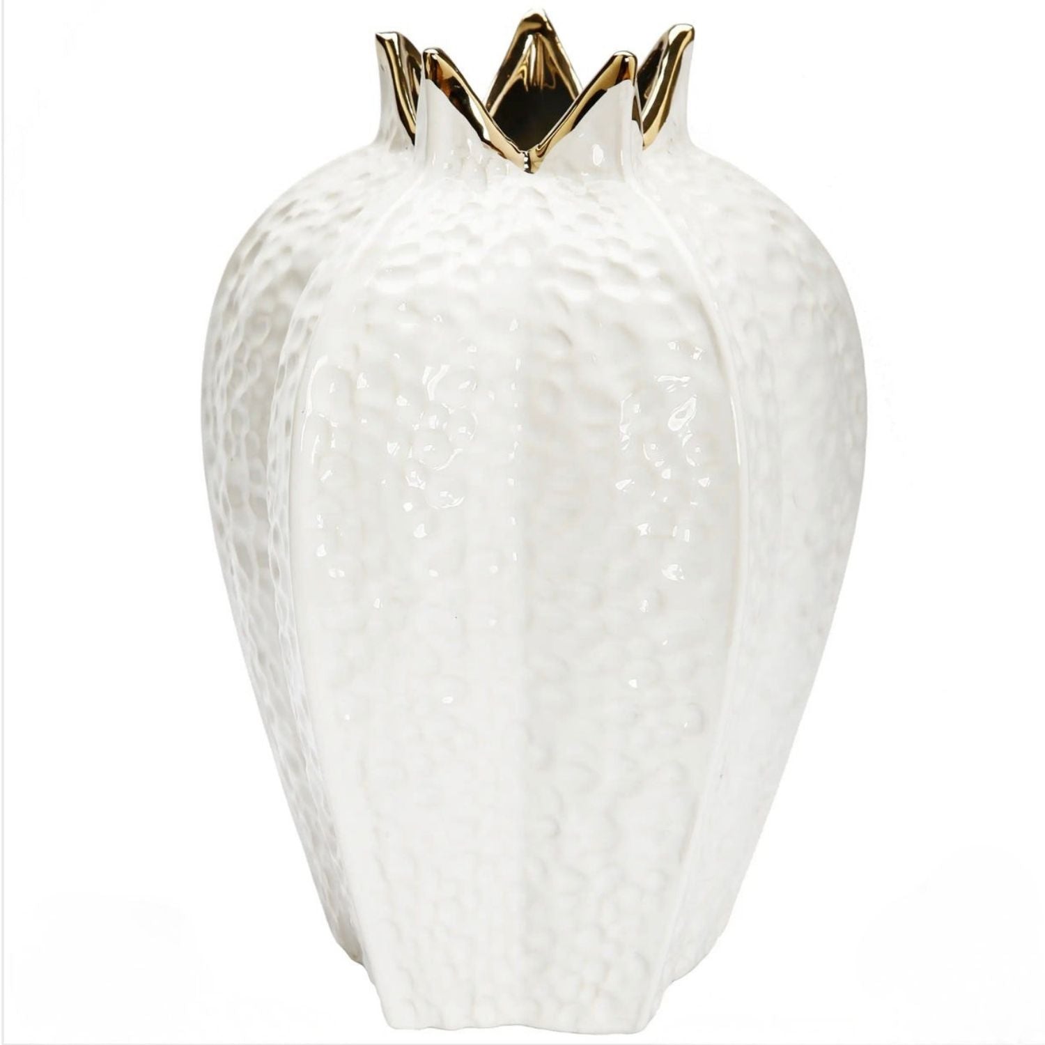 A white textured ceramic vase with a gold metallic fluted rim, shown against a plain white background.