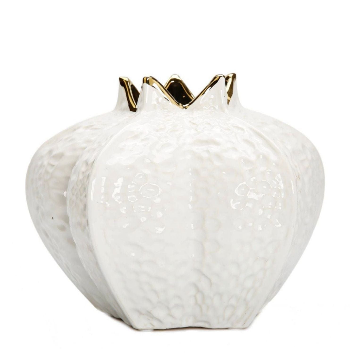 A white textured ceramic vase shaped like a pomegranate, featuring a glossy finish and gold trim along the fluted rim, set against a plain white background.