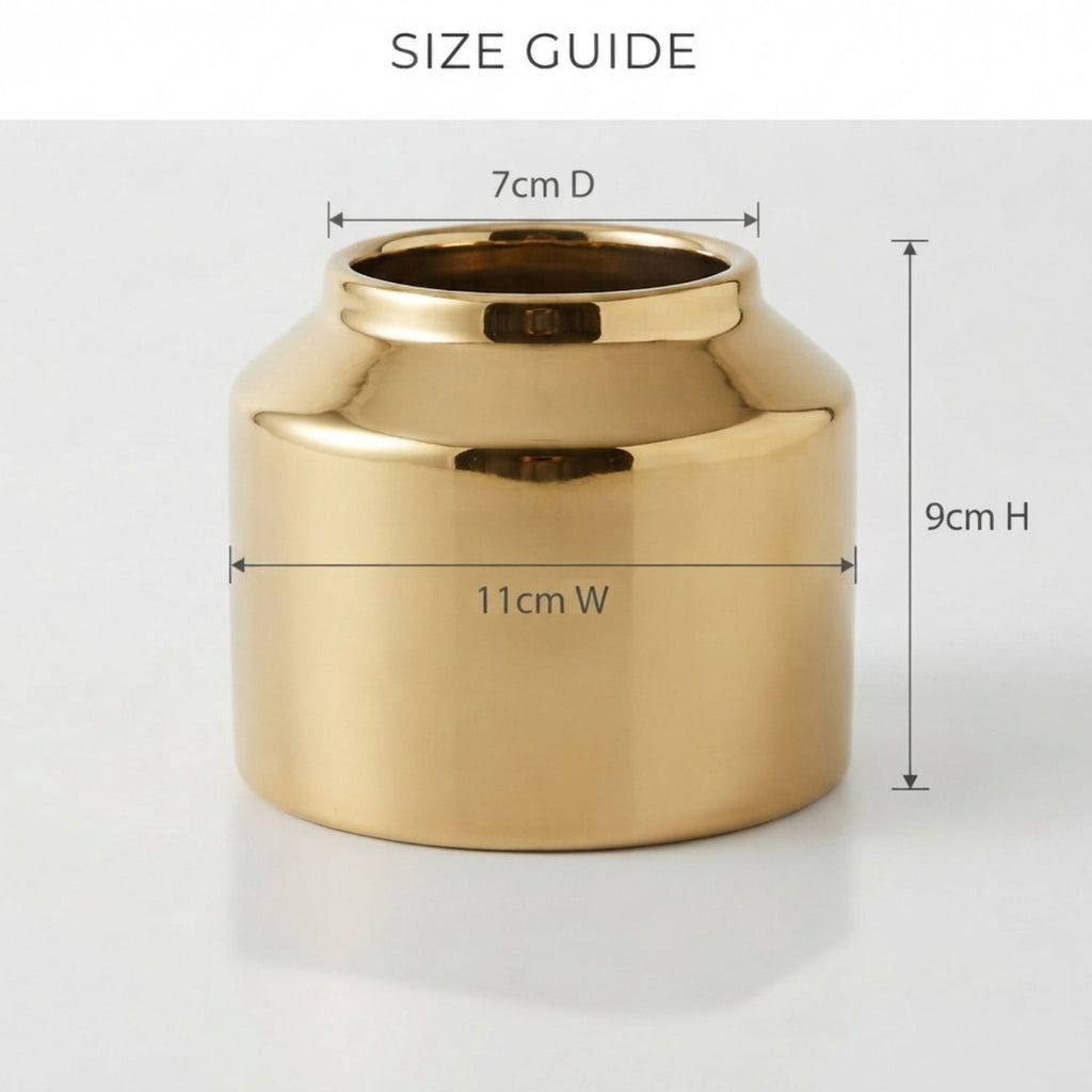 A metallic gold cylindrical planter or vase with overlaid dimension labels showing 11cm width, 7cm depth, and 9cm height on a light gray background.