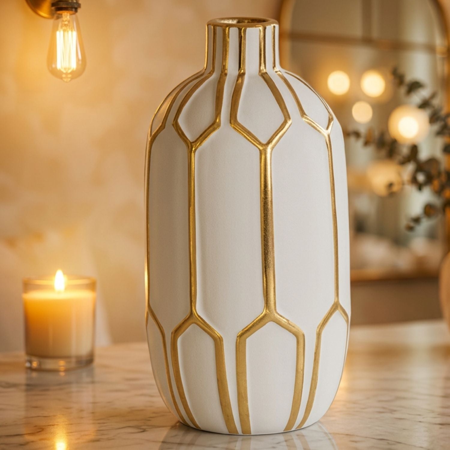 White & Gold Geometric Ceramic Vase