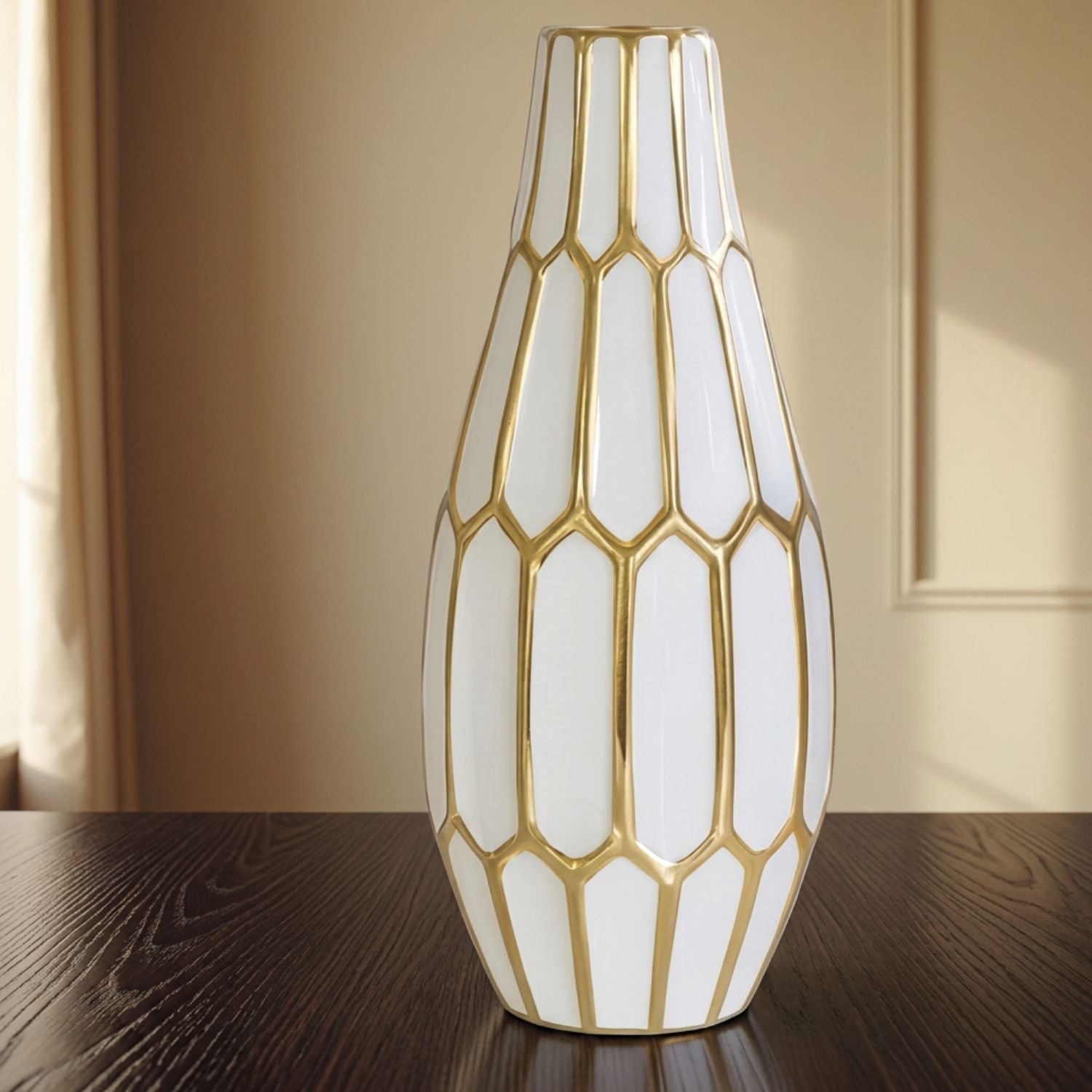 White & Gold Geometric Ceramic Vase