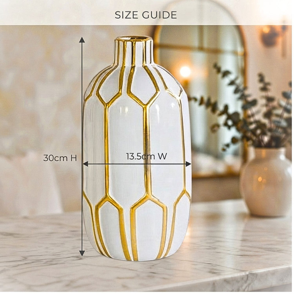 White & Gold Geometric Ceramic Vase