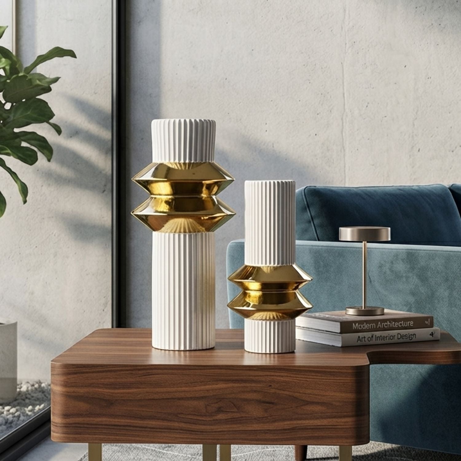 Two modern decorative vases with white ribbed cylindrical bodies and layered metallic gold geometric fluted tops, displayed on a wooden side table in a styled interior setting with a blue sofa, books, and a plant.