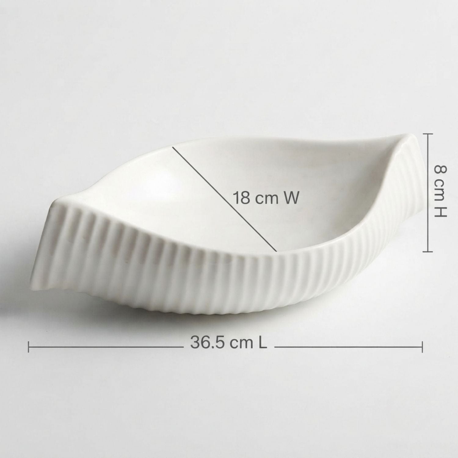A white ceramic leaf-shaped dish with ribbed sides, shown on a light gray background with overlaid dimension lines and text indicating 18 cm width, 8 cm height, and 36.5 cm length.
