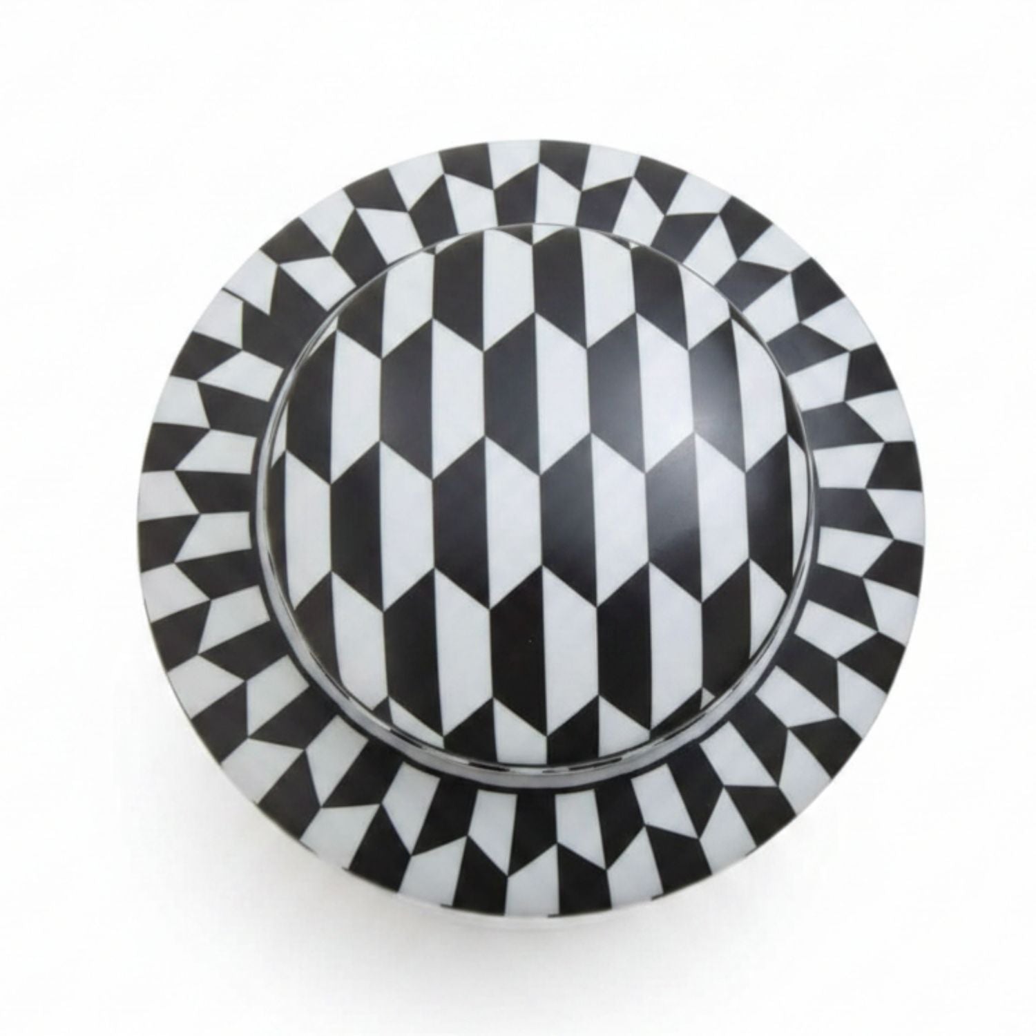 A round black and white geometric patterned cabinet knob or drawer pull with a 3D cube illusion design, shown from a top-down perspective on a white background.