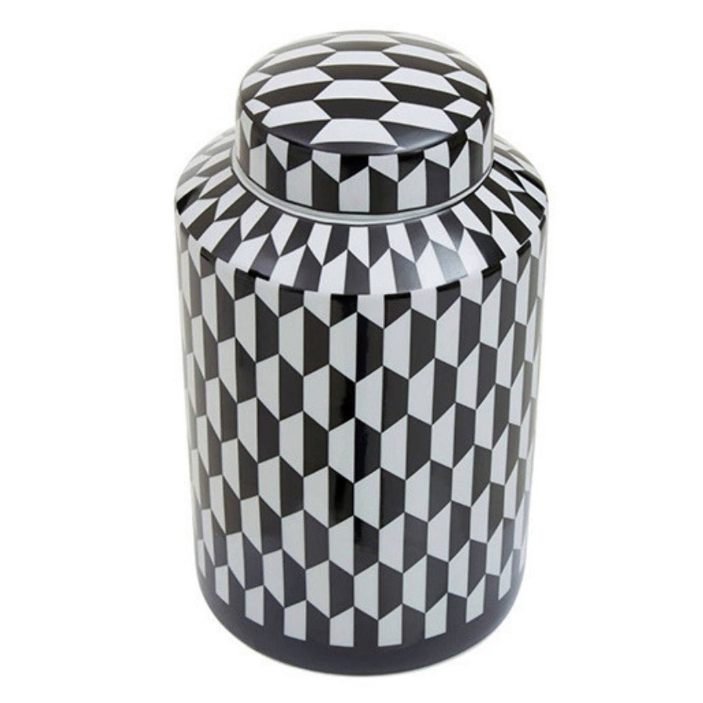 A glossy ceramic canister with a matching lid, featuring a bold black and white 3D geometric cube pattern, set against a plain white background.