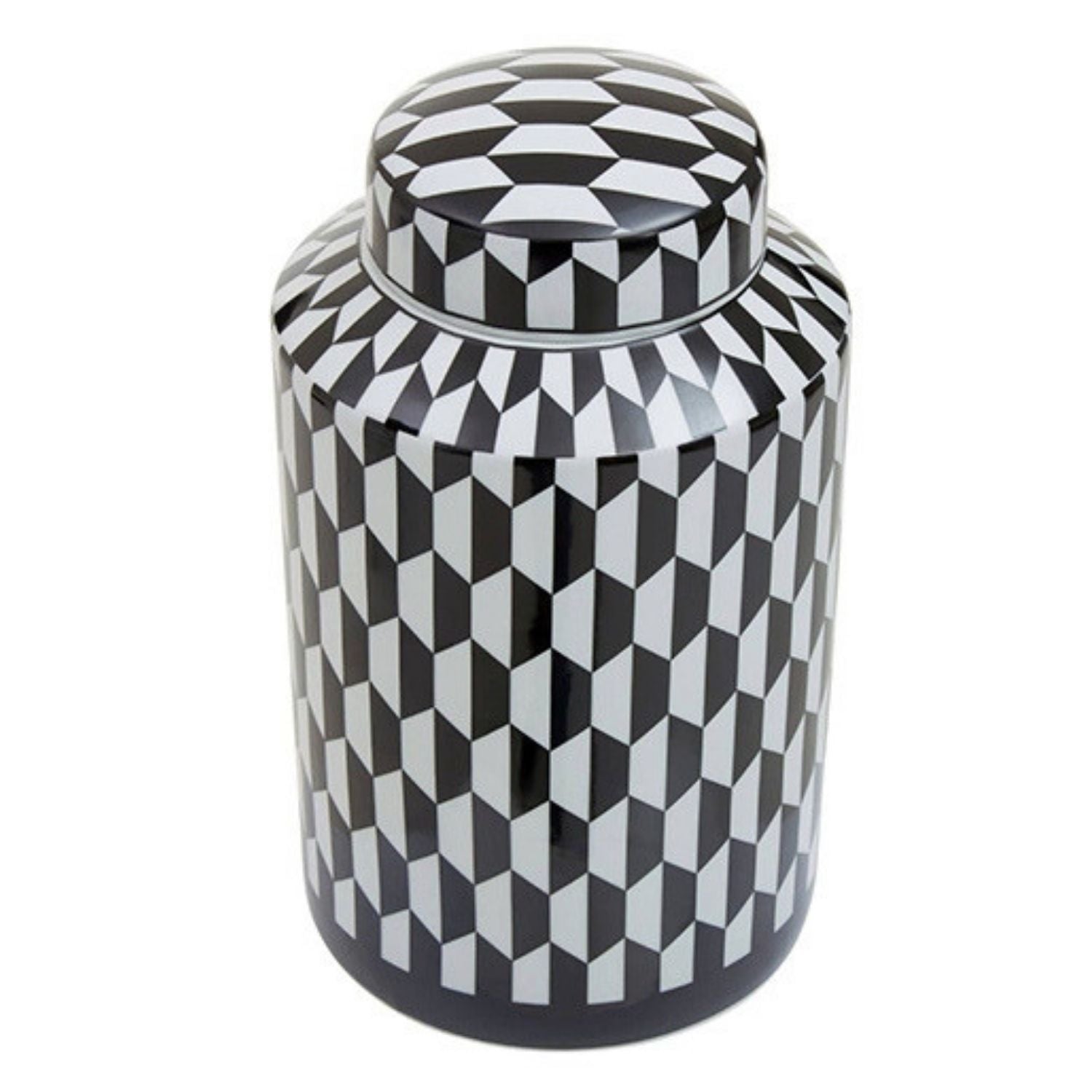 A glossy ceramic canister with a matching lid, featuring a bold black and white 3D geometric cube pattern, set against a plain white background.