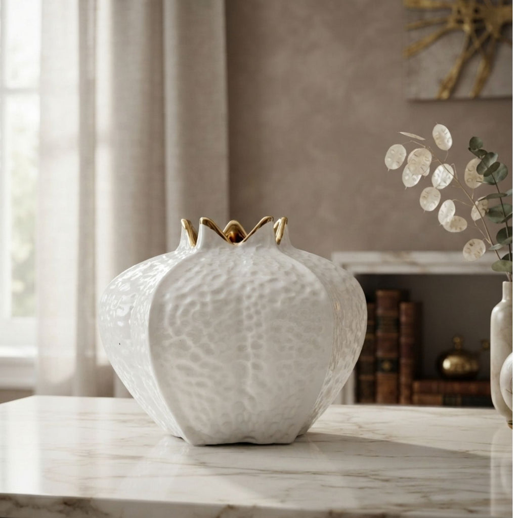 Pomegranate Ceramic Vase – White & Gold