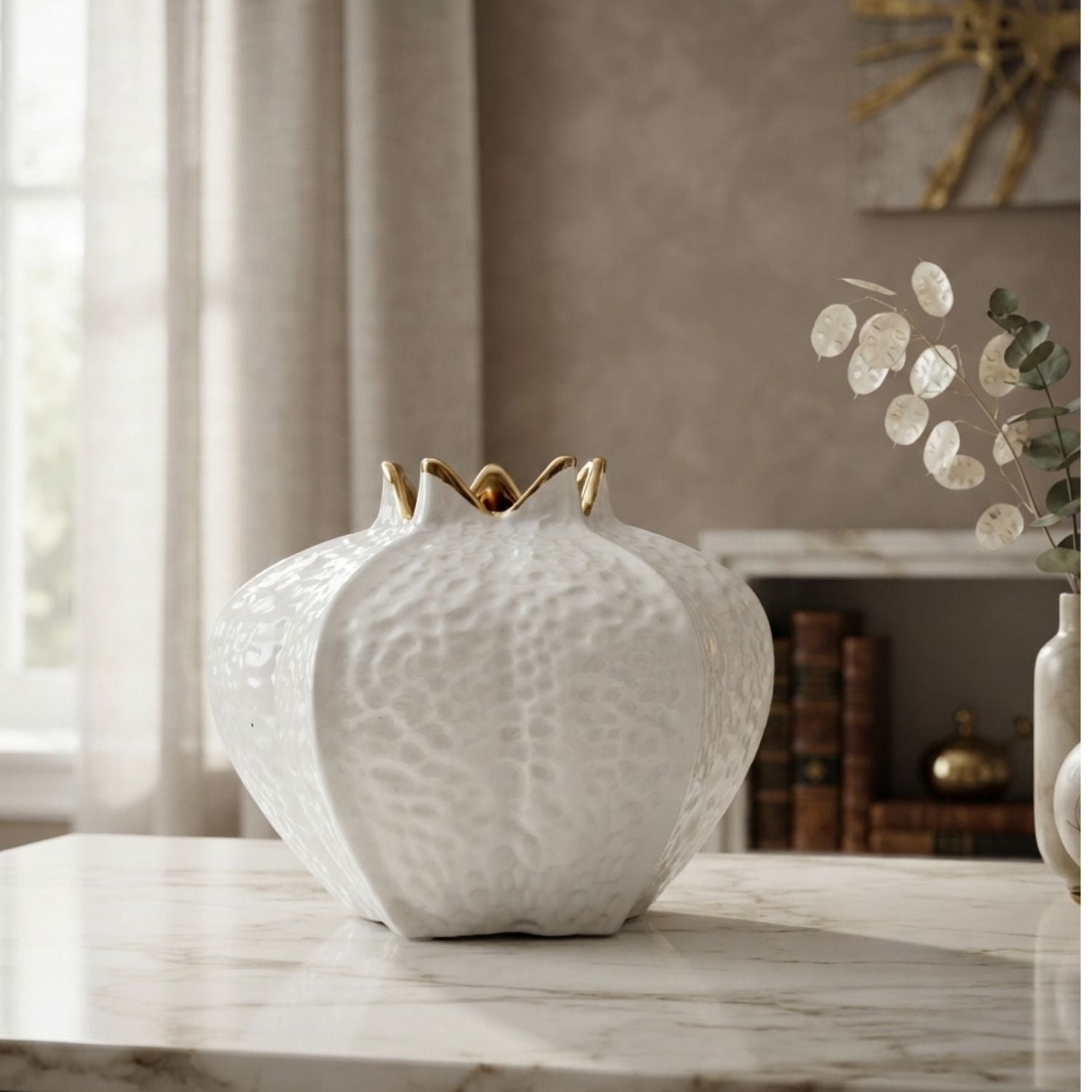 Pomegranate Ceramic Vase – White & Gold