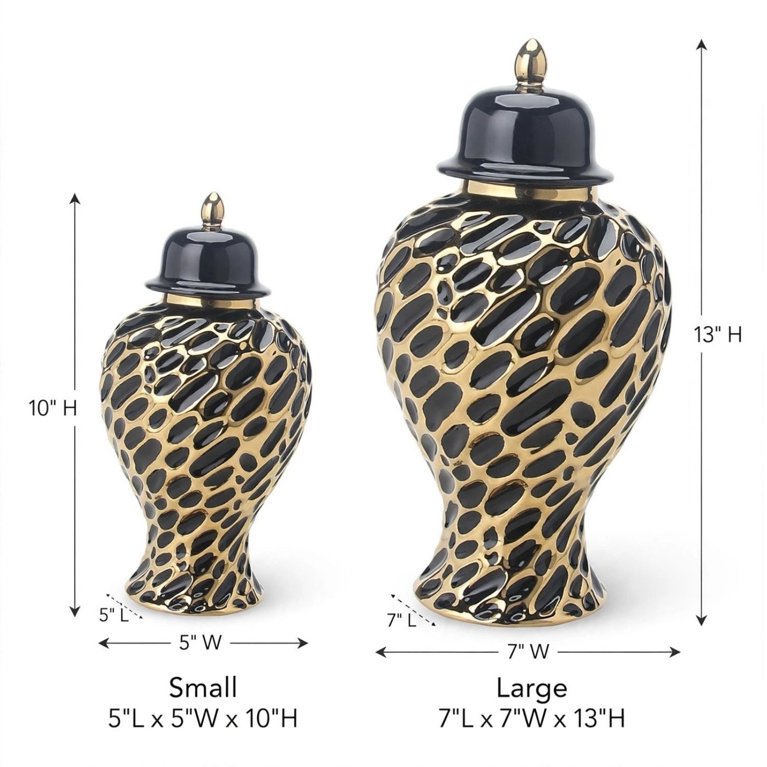 Two decorative urn-shaped vases with a black and gold spotted pattern and domed lids, shown with dimension labels for small and large sizes on a white background.